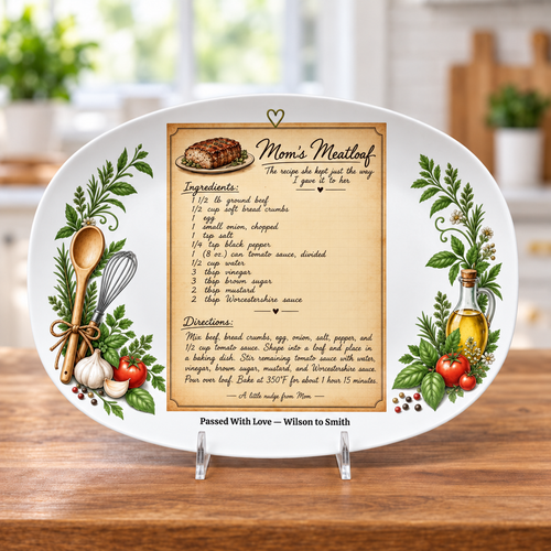 Standard Recipe layout of the Personalized Handwritten Recipe Keepsake Platter with a centered vertical handwritten recipe and personalized family line